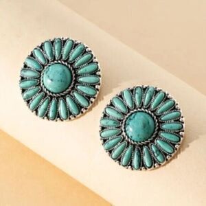 Turquoise Sunflower Silver Plated Stud Western Bohemian Earrings